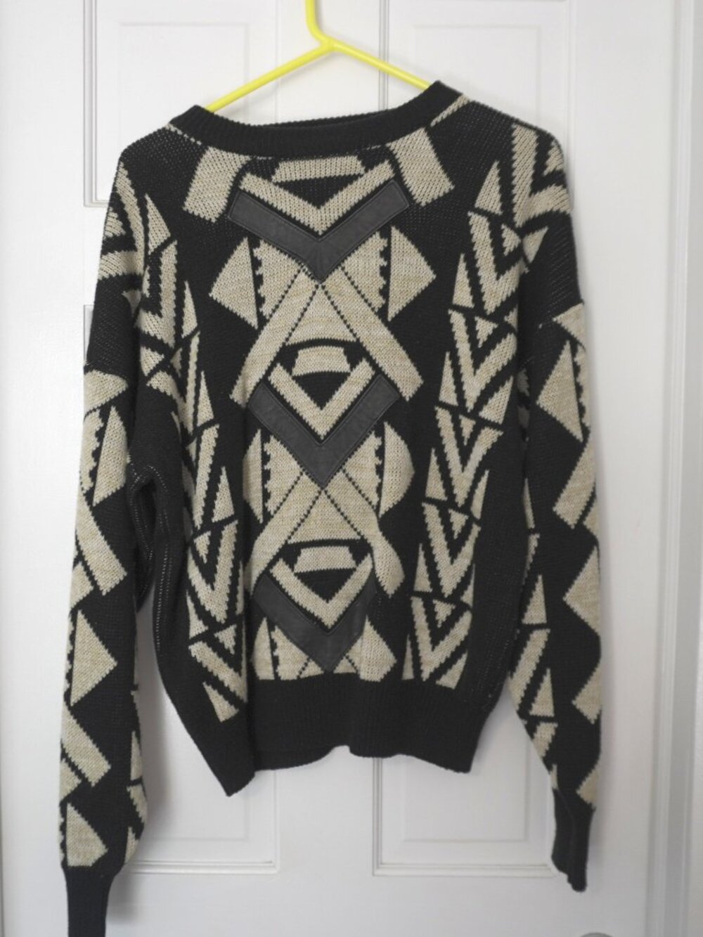 Vintage Alan Stuart 90s Geometric Knit Leather Trim Sweater Grandpacore - Large